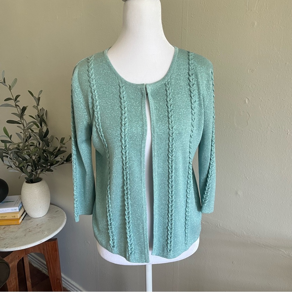 Vintage J.A.C. Silk Metallic Blue Cardigan 3/4 Sleeve M Sabrina Carpenter Inspo